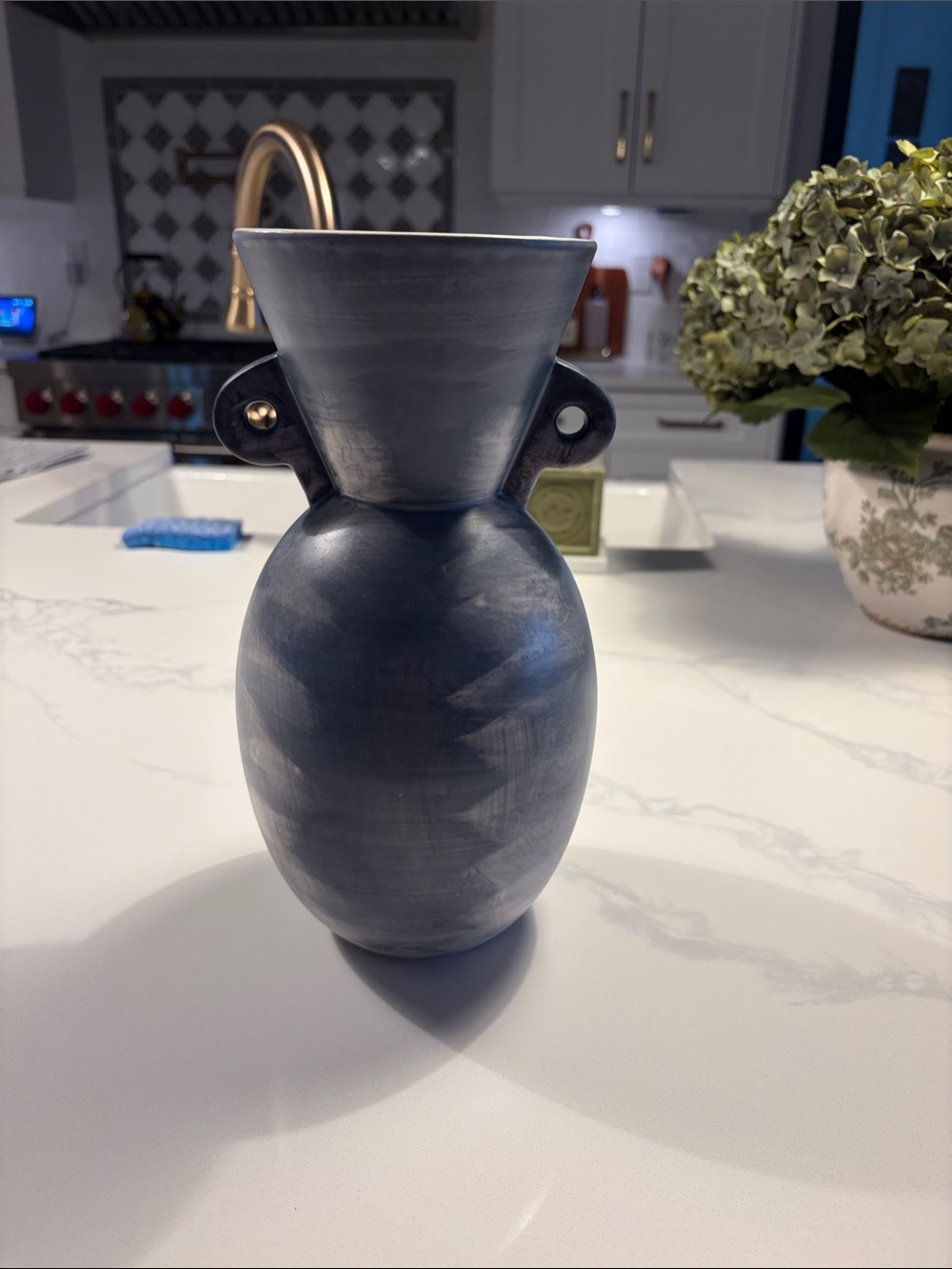 Crate&Barrel Matte Navy Ceramic Vase with Loop Handles